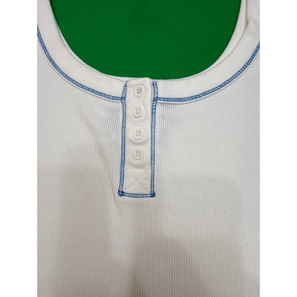 Jones New York women’s white ribbed cotton blue stitching Henley tank top L - Picture 8 of 11